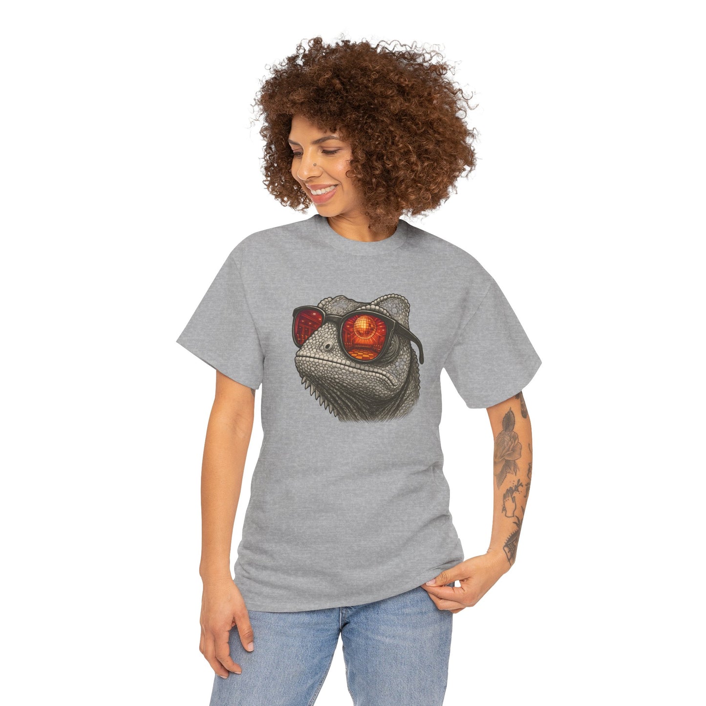 Chamäleon Disco T-Shirt (Brustprint) – Lustiges Tiermotiv mit Sonnenbrille | Retro Club Design für Tierfreunde & Festivalfans