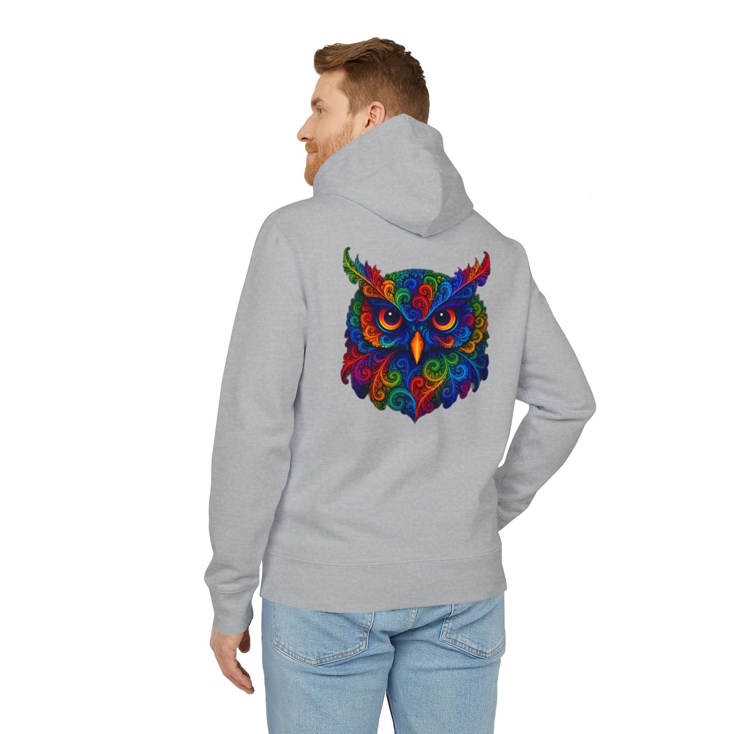 Bunter Eulen Hoodie (Rückenprint) – Psychedelischer Boho Kapuzenpullover mit Tiermotiv – Unisex Streetwear für Kunst- & Festival-Fans