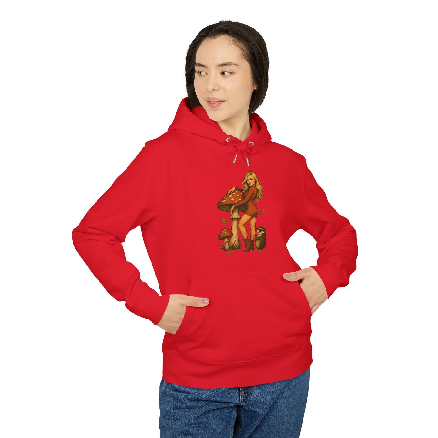 Vintage Pilz Fee & Igel Hoodie (Brustprint) – Retro Waldmotiv Kapuzenpullover für Natur- & Pilzliebhaber