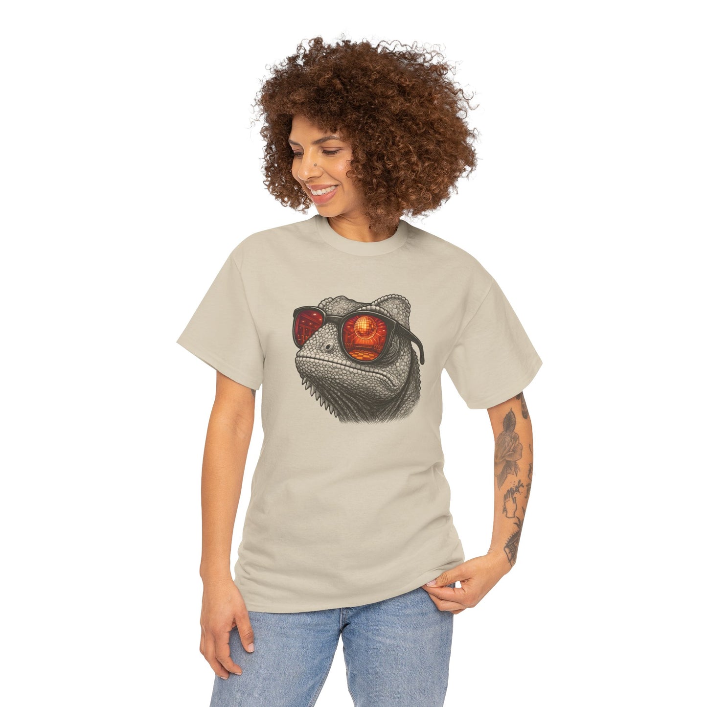 Chamäleon Disco T-Shirt (Brustprint) – Lustiges Tiermotiv mit Sonnenbrille | Retro Club Design für Tierfreunde & Festivalfans