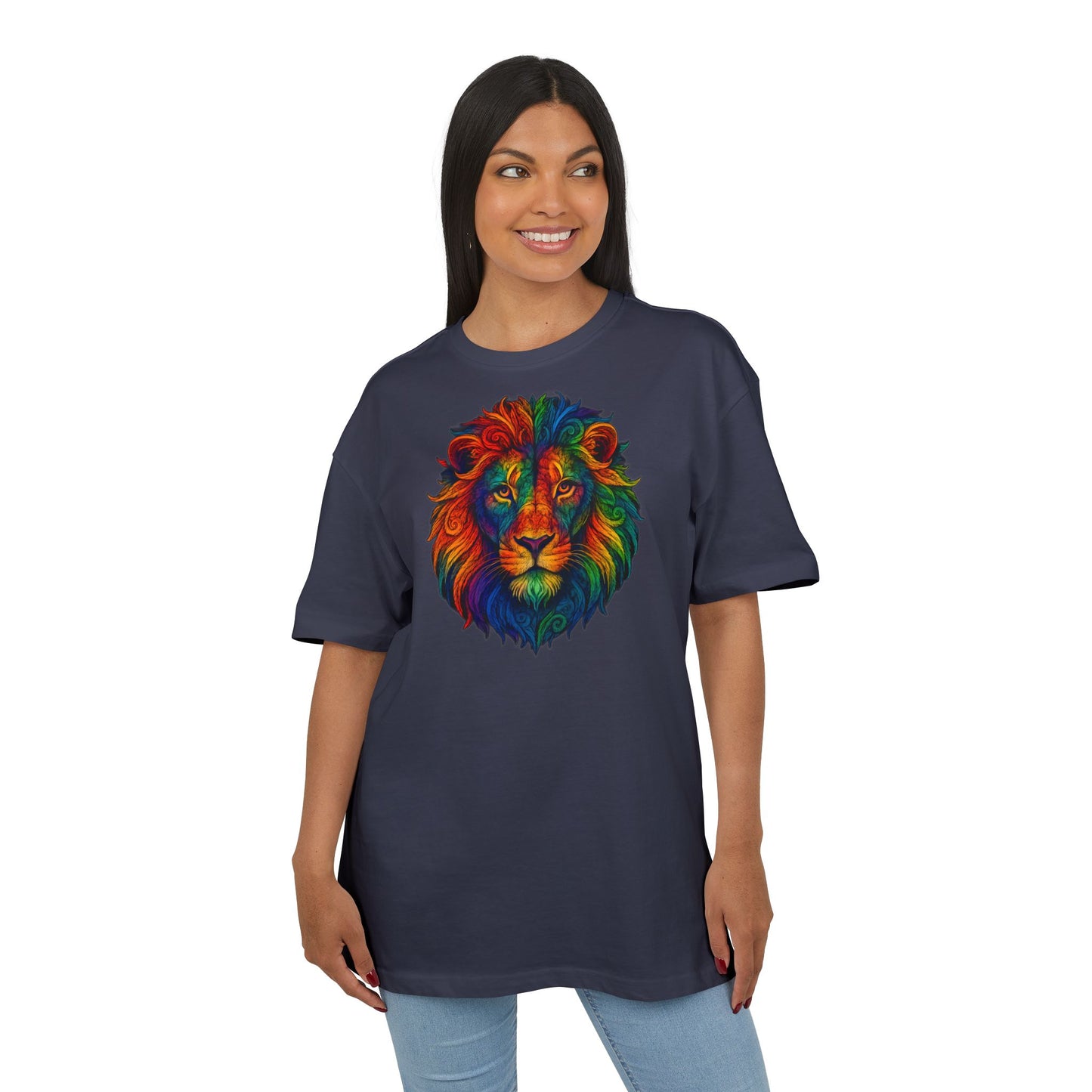 Buntes Löwen T-Shirt (Brustprint) – Psychedelisches Tiermotiv im Boho-Stil – Unisex Oversize Shirt für Kunst-, Natur- & Festival-Fans