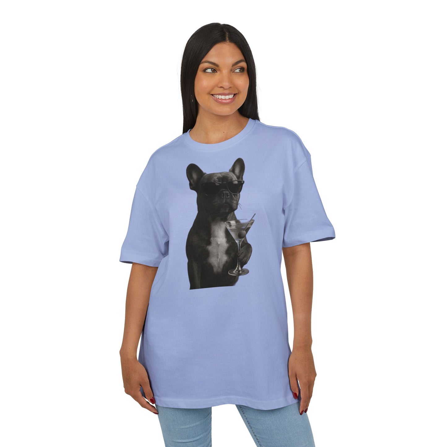 Cooler Hund T-Shirt (Brustprint) – Französische Bulldogge mit Sonnenbrille & Martini – Lustiges Tiermotiv für Unisex Streetwear