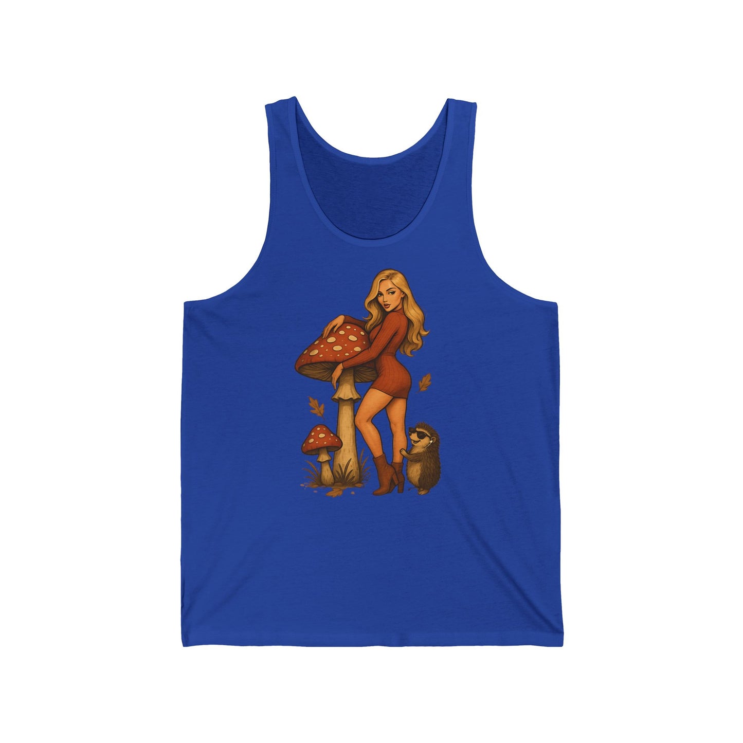 Vintage Pilzmädchen Damen Tanktop (Brustprint) – Retro Fliegenpilz Design mit Igel & Herbstblättern