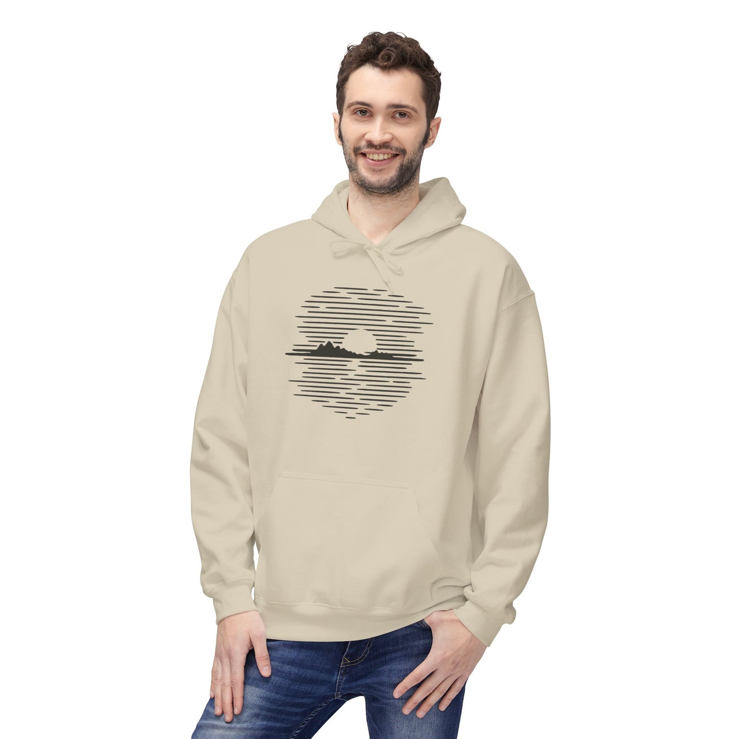 Unisex Hoodie mit Berg-Sonnenuntergang Design (Brustprint) – Minimalistischer Natur Pullover aus Baumwolle