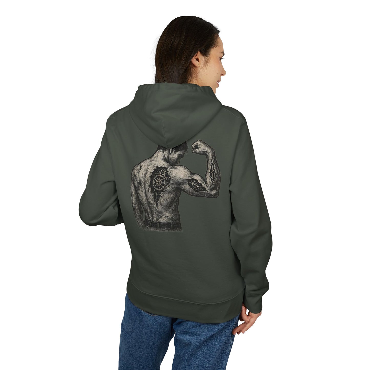 Biomechanik Hoodie Unisex (Rückenprint) – Muskel-Cyborg Design mit Zahnrädern & Maschinenstruktur | Futuristischer Techwear Kapuzenpullover für Sci-Fi & Fitness Fans