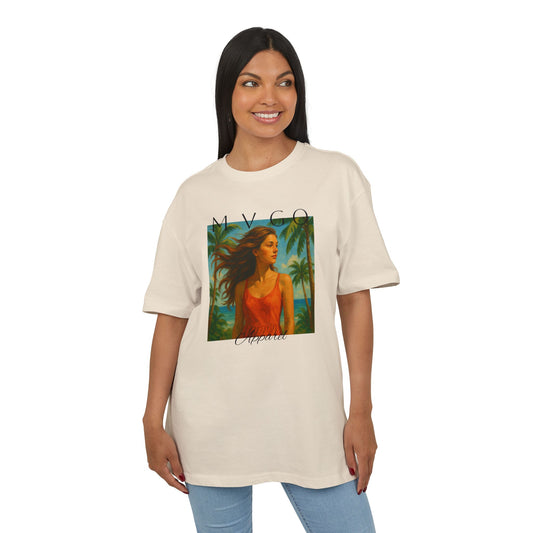 Sommer Vibes T-Shirt (Brustprint) – Künstlerisches Damenporträt mit Palmen & Meer | Unisex Shirt mit tropischem Kunstmotiv