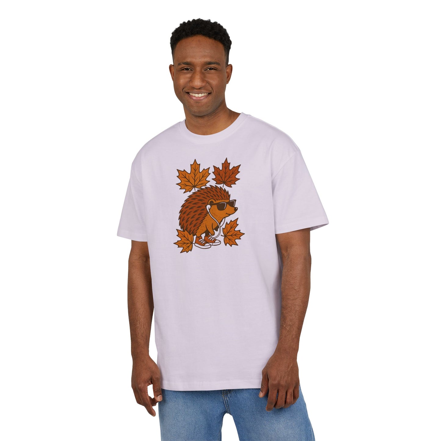 Herbst Igel T-Shirt (Brustprint) – Lustiges Cartoon Design mit Sonnenbrille, Kopfhörern & Ahornblättern