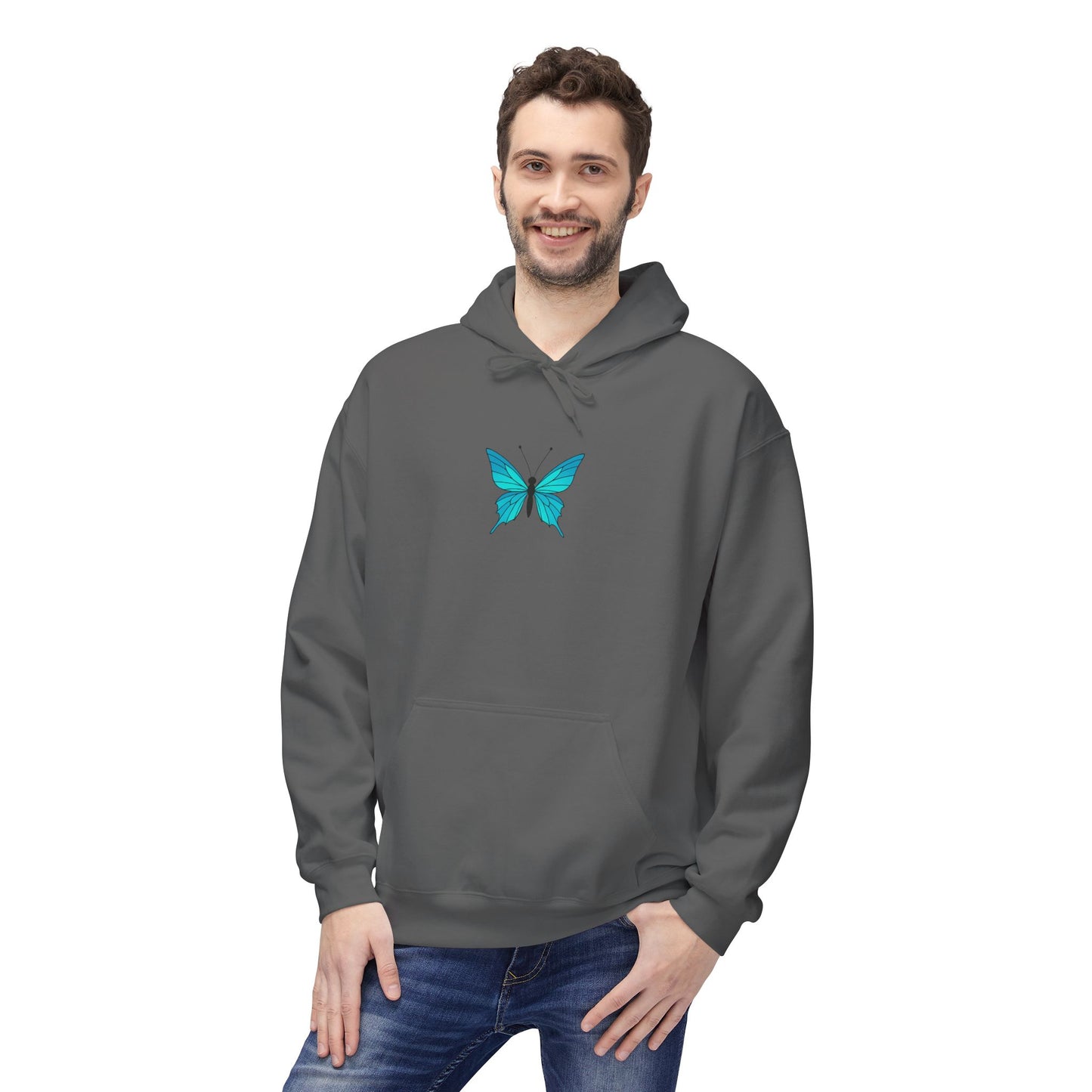 Blauer Schmetterling Hoodie Unisex (Brustprint) – Leuchtendes Butterfly Design | Nachhaltiger Kapuzenpullover aus Baumwolle