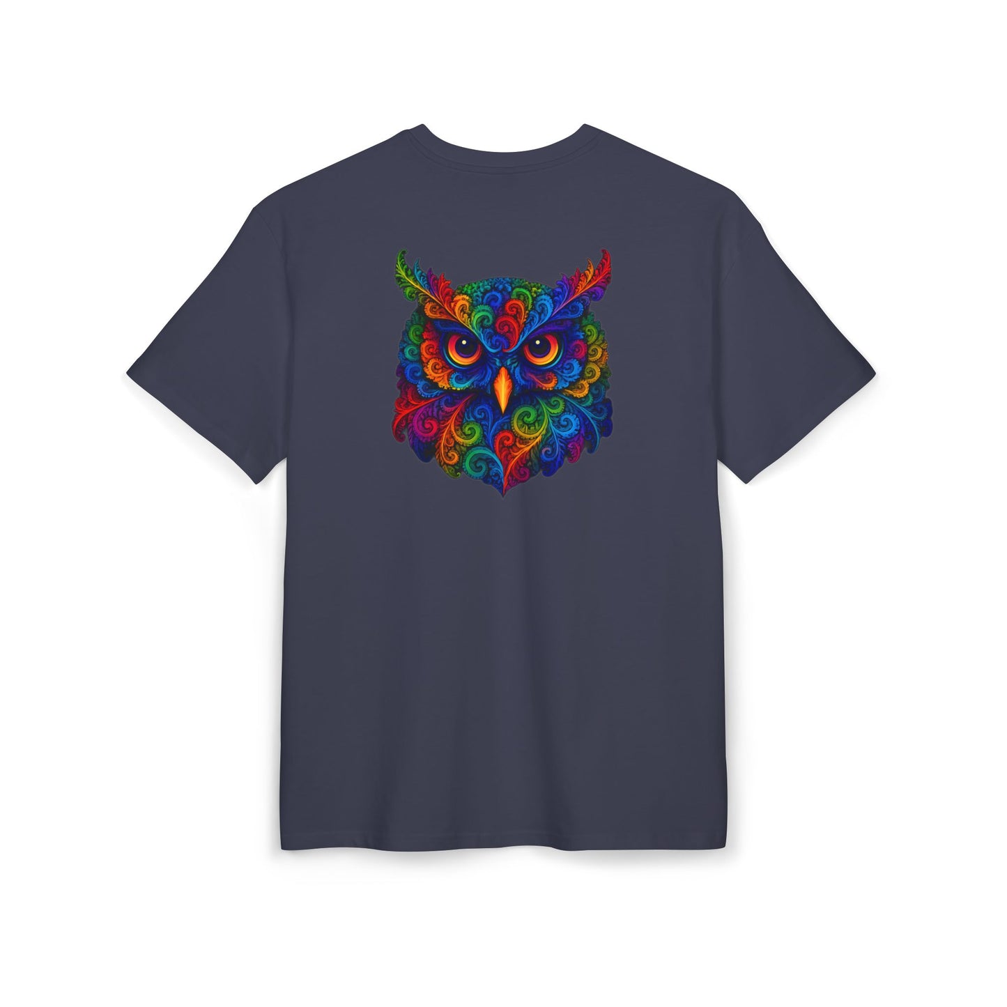 Buntes Eulen T-Shirt (Rückenprint) – Psychedelisches Tiermotiv im Boho-Stil – Unisex Shirt mit farbenfrohem, detailliertem Eulen-Design