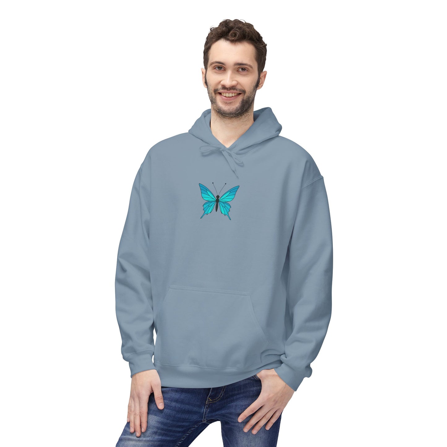 Blauer Schmetterling Hoodie Unisex (Brustprint) – Leuchtendes Butterfly Design | Nachhaltiger Kapuzenpullover aus Baumwolle