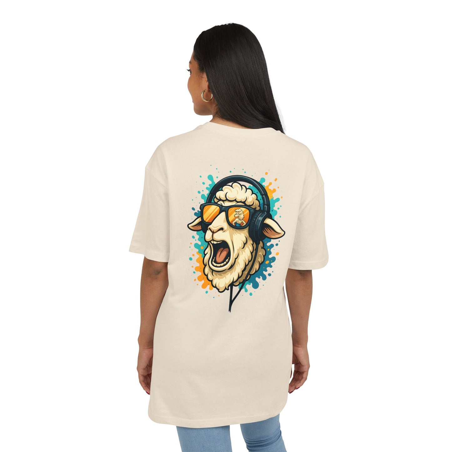 Lustiges Schaf T-Shirt (Rückenprint) – Cooles Cartoon-Motiv mit Kopfhörer & Sonnenbrille – Unisex Shirt für Musikfans & Tierliebhaber
