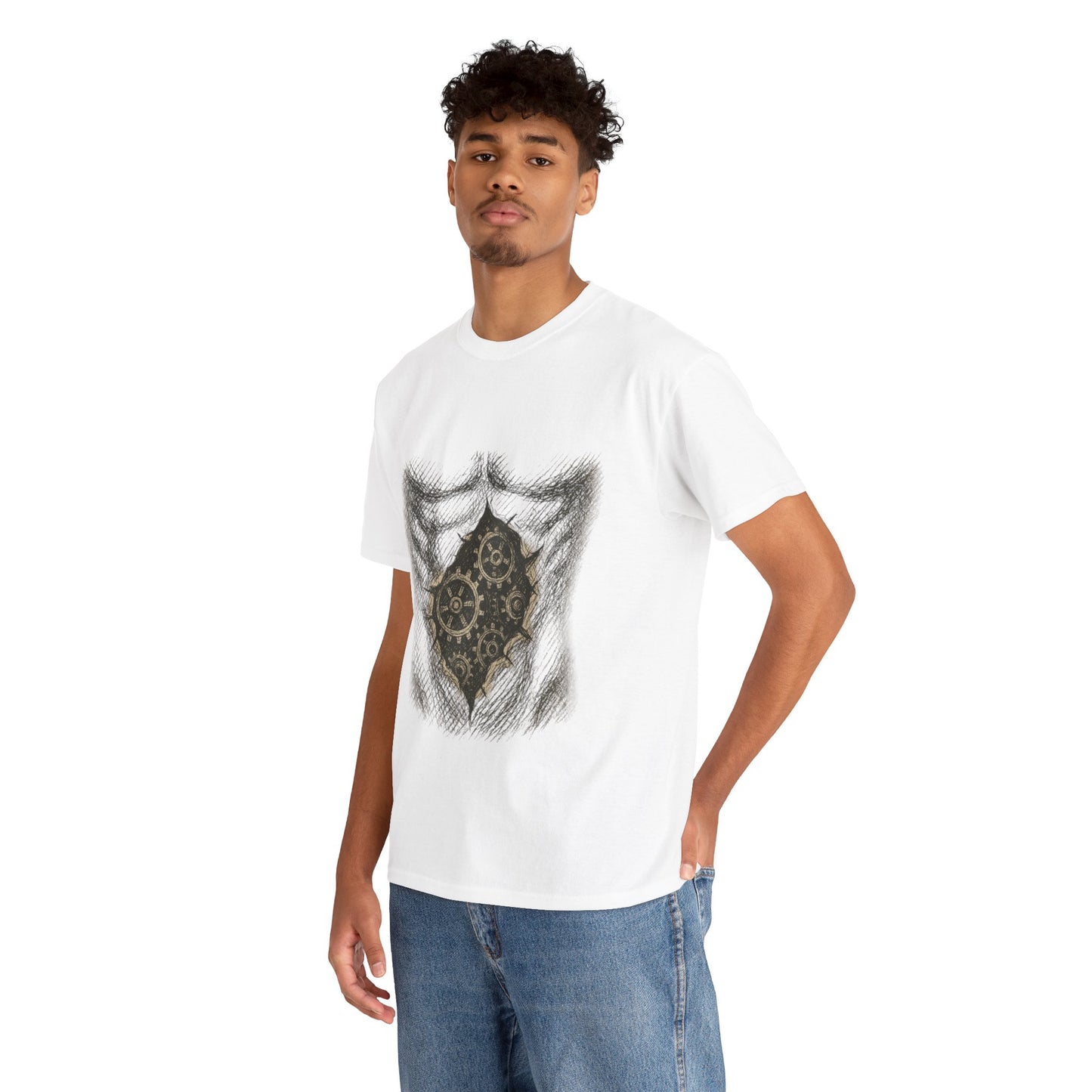 Biomechanik T-Shirt Unisex (Brustprint) – Realistisches Zahnräder-in-der-Haut Design | Steampunk & Cyborg Look für Technikfans