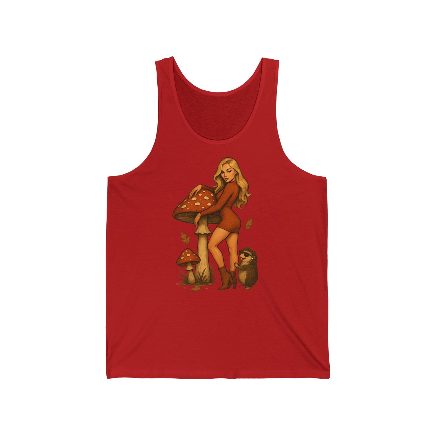 Vintage Pilzmädchen Damen Tanktop (Brustprint) – Retro Fliegenpilz Design mit Igel & Herbstblättern