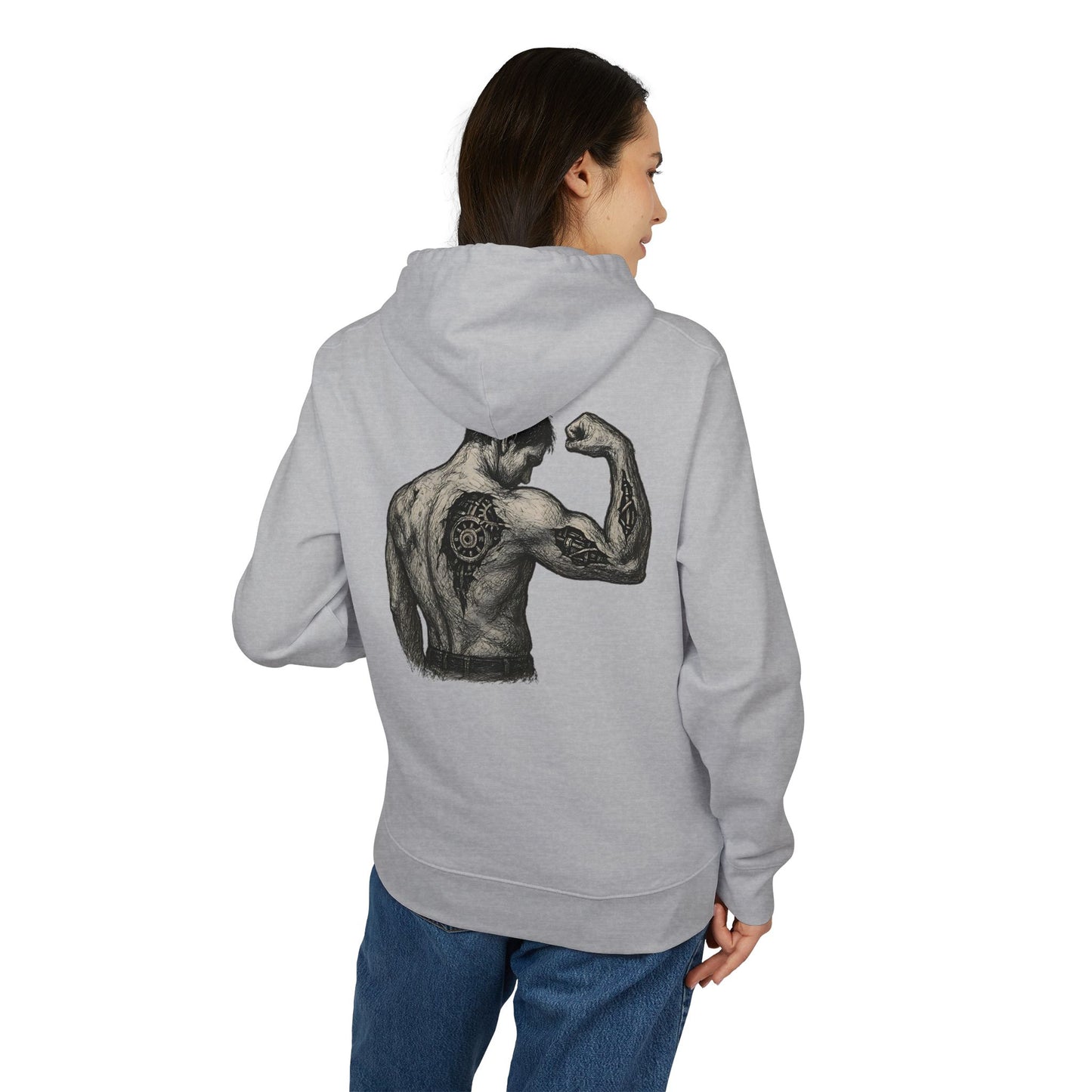 Biomechanik Hoodie Unisex (Rückenprint) – Muskel-Cyborg Design mit Zahnrädern & Maschinenstruktur | Futuristischer Techwear Kapuzenpullover für Sci-Fi & Fitness Fans