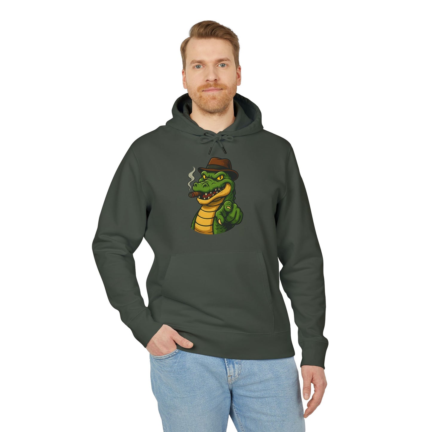 Gangster Alligator Hoodie (Brustprint) – Cooler Unisex Kapuzenpullover mit Krokodil, Zigarre & Hut im Comic Style