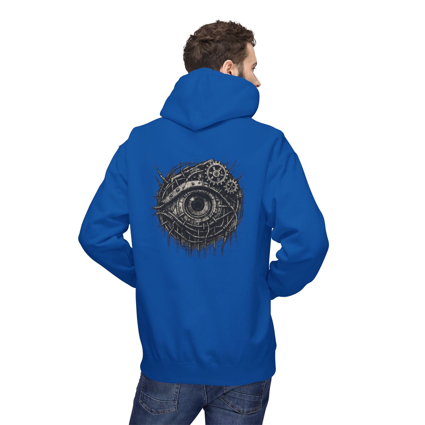 Biomechanisches Auge Hoodie Unisex – Cyberpunk Kapuzenpullover mit Zahnrädern & Kabeln | Futuristischer Techwear Look