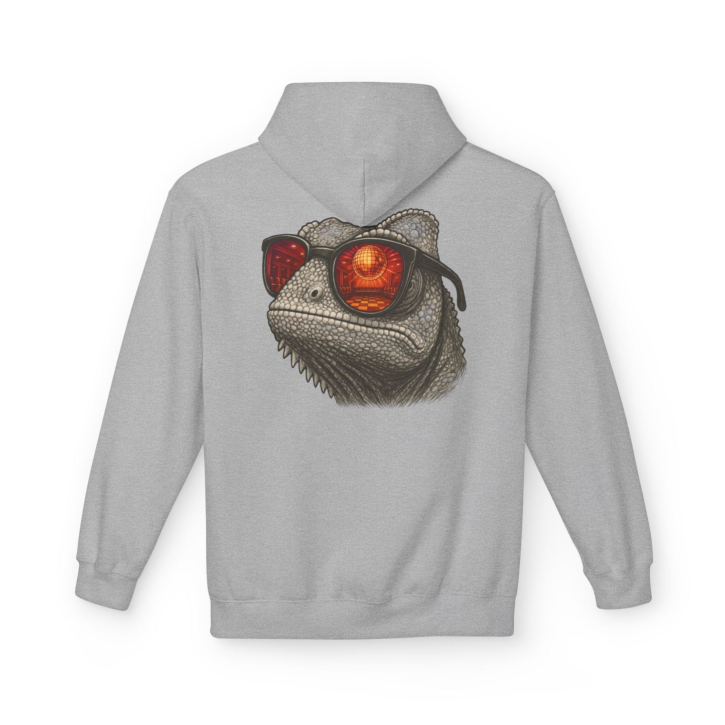 Chamäleon Hoodie Unisex (Rückenprint) – Retro Tiermotiv mit Sonnenbrille & Disco-Design – Lustiger Kapuzenpullover für Festival, Streetwear & Geschenkideen
