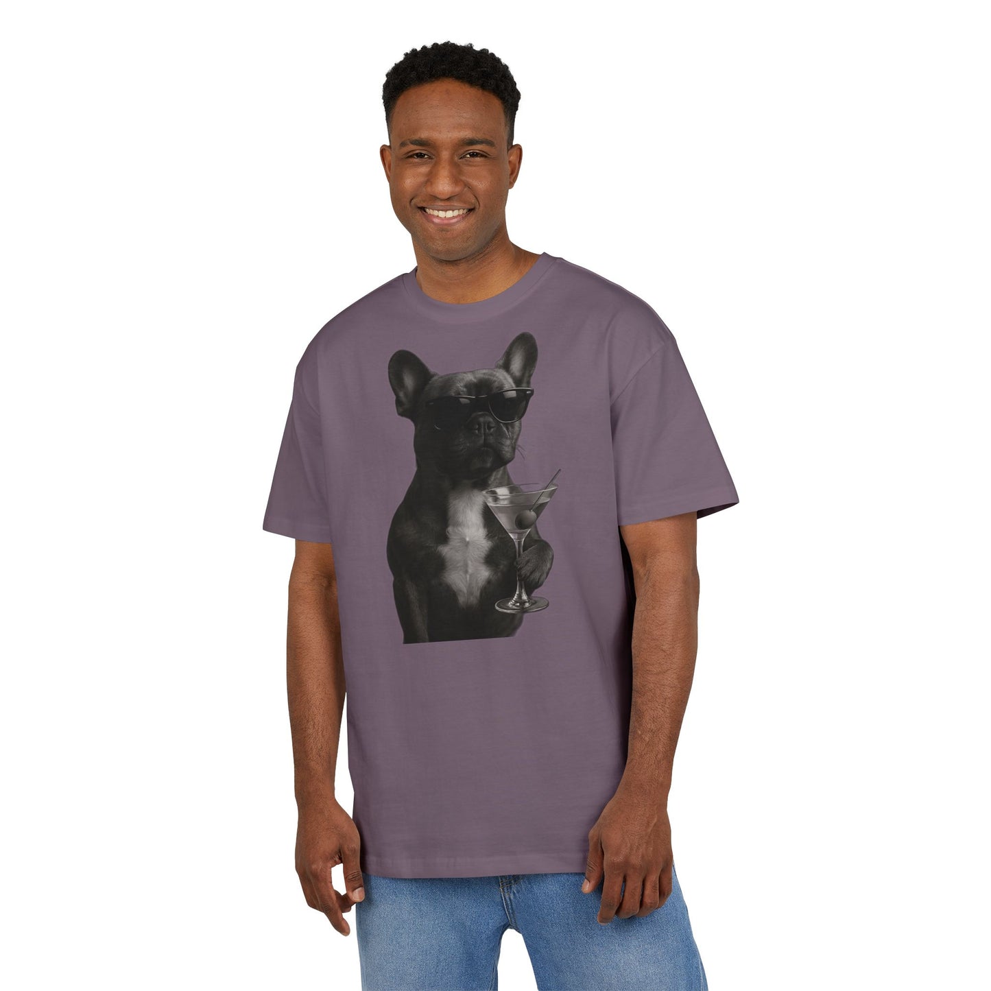 Cooler Hund T-Shirt (Brustprint) – Französische Bulldogge mit Sonnenbrille & Martini – Lustiges Tiermotiv für Unisex Streetwear