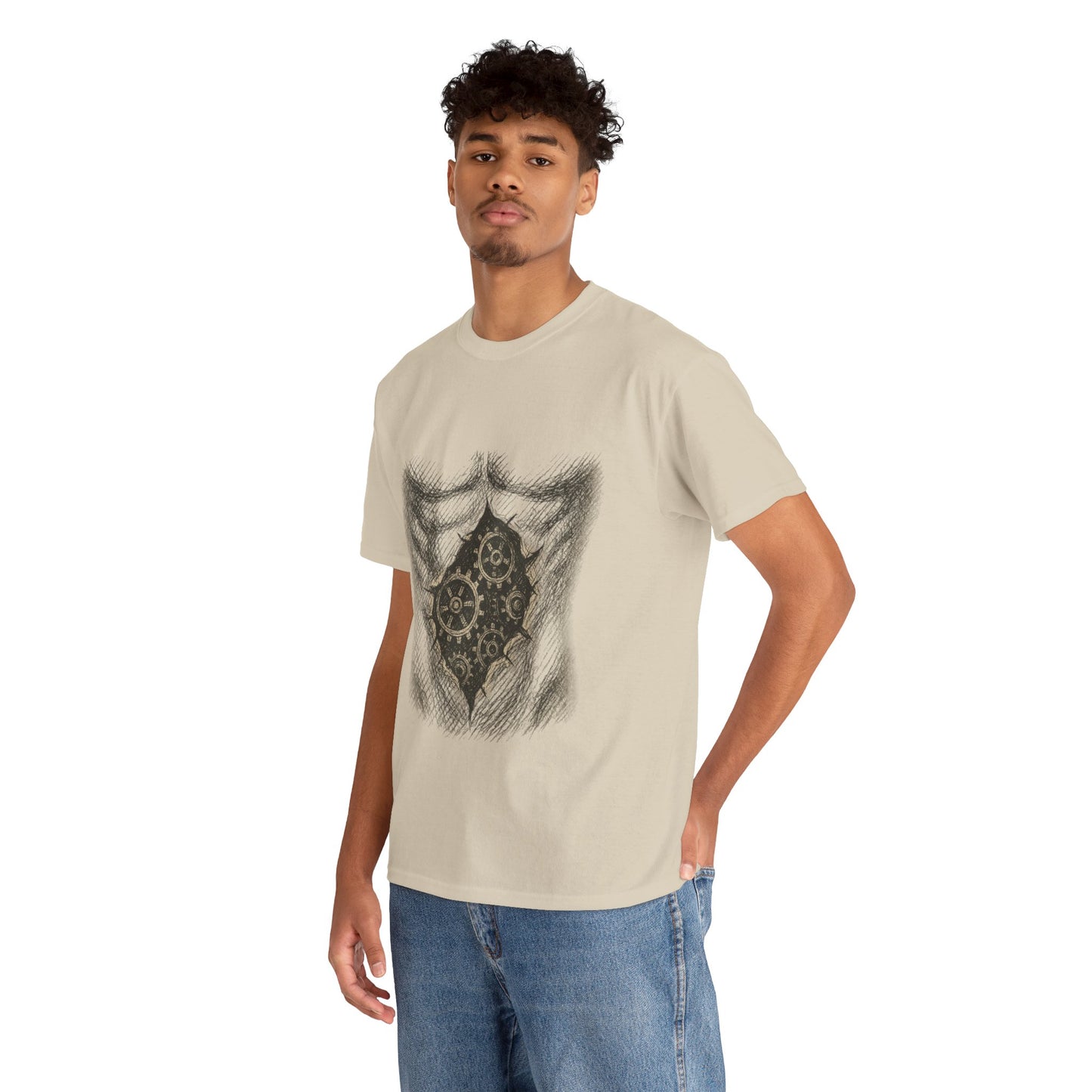 Biomechanik T-Shirt Unisex (Brustprint) – Realistisches Zahnräder-in-der-Haut Design | Steampunk & Cyborg Look für Technikfans