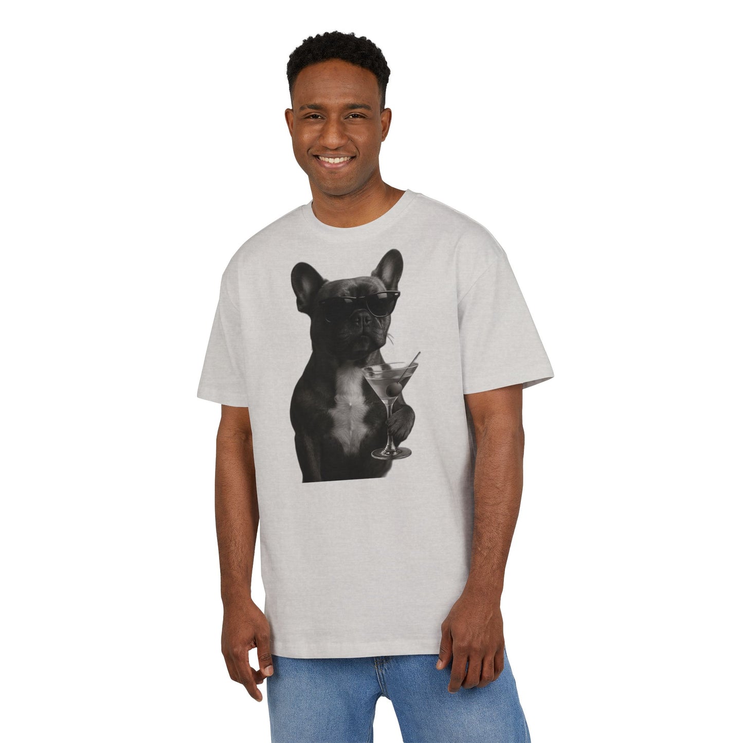 Cooler Hund T-Shirt (Brustprint) – Französische Bulldogge mit Sonnenbrille & Martini – Lustiges Tiermotiv für Unisex Streetwear