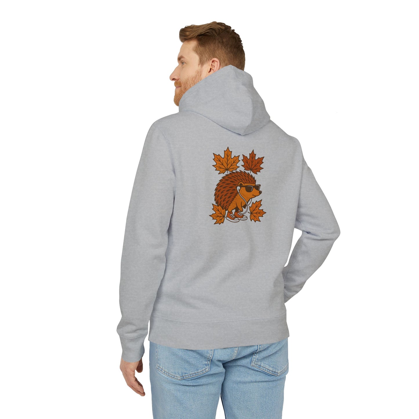 Herbst Igel Hoodie (Rückenprint) – Lustiger Kapuzenpullover mit Cartoon-Design, Sonnenbrille & Ahornblättern