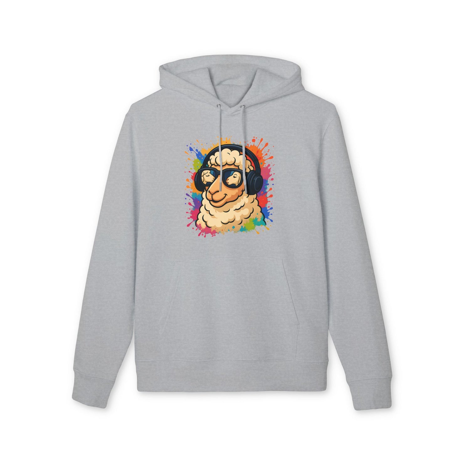 Schaf Hoodie (Brustprint) – Lustiger Unisex Kapuzenpullover mit Kopfhörer-Schaf & buntem Farbspritzer-Design