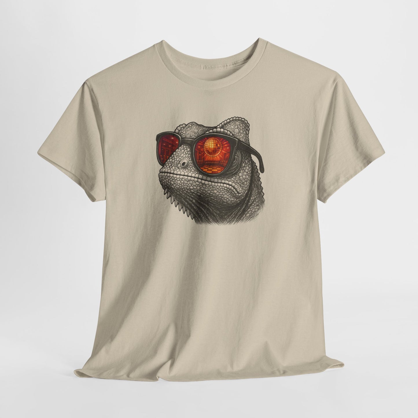 Chamäleon Disco T-Shirt (Brustprint) – Lustiges Tiermotiv mit Sonnenbrille | Retro Club Design für Tierfreunde & Festivalfans
