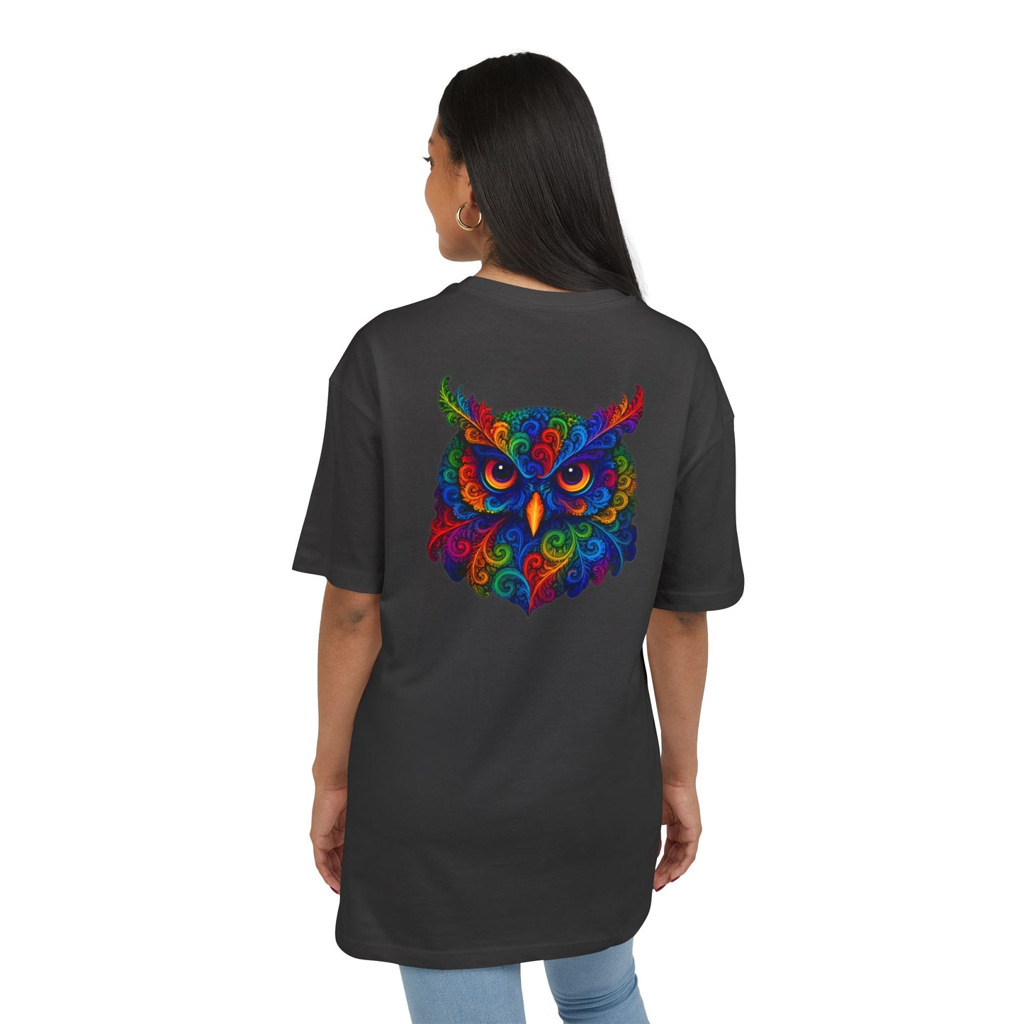 Buntes Eulen T-Shirt (Rückenprint) – Psychedelisches Tiermotiv im Boho-Stil – Unisex Shirt mit farbenfrohem, detailliertem Eulen-Design