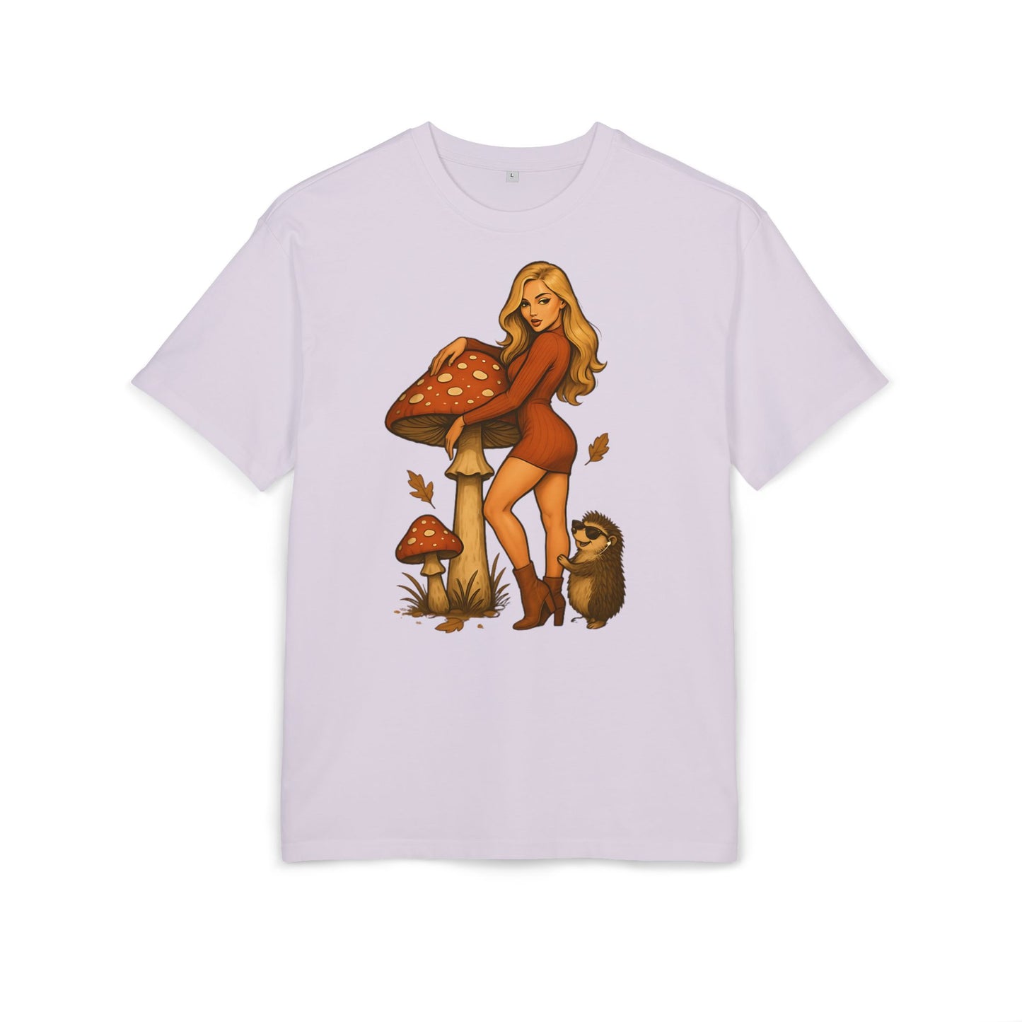 Vintage Pilz Fee & Igel Cartoon (Brustprint) – Retro Waldmotiv T-Shirt für Natur- & Pilzliebhaber