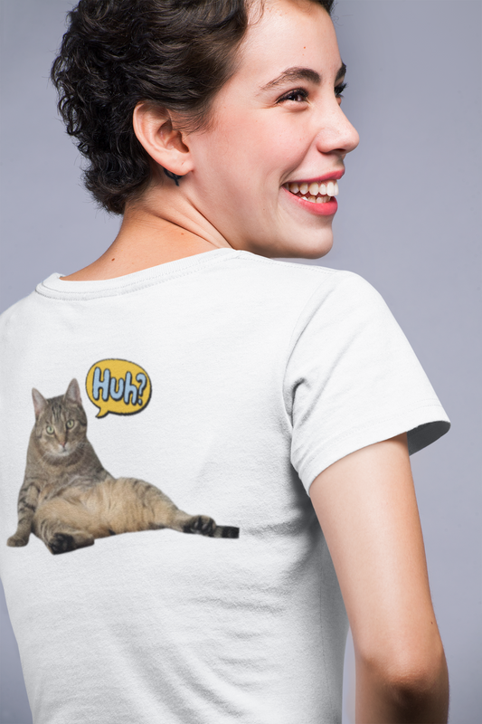 “Huh?” Katze – Lustiges Katzen T-Shirt mit Rückendruck | Für Katzenfans mit Humor