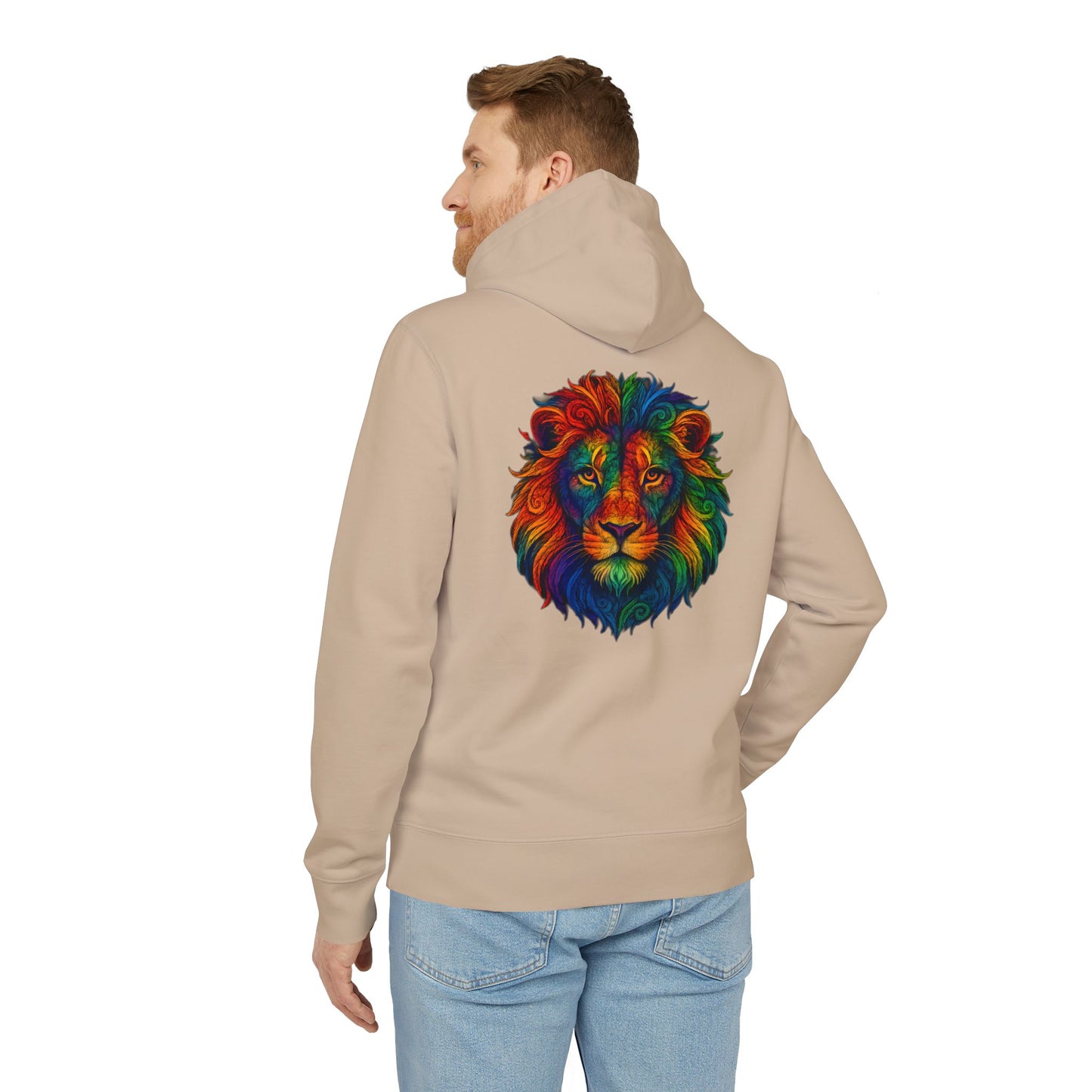Bunter Löwen Hoodie (Rückenprint) – Psychedelischer Kapuzenpullover mit Tiermotiv – Unisex Streetwear im Boho & Festival Stil