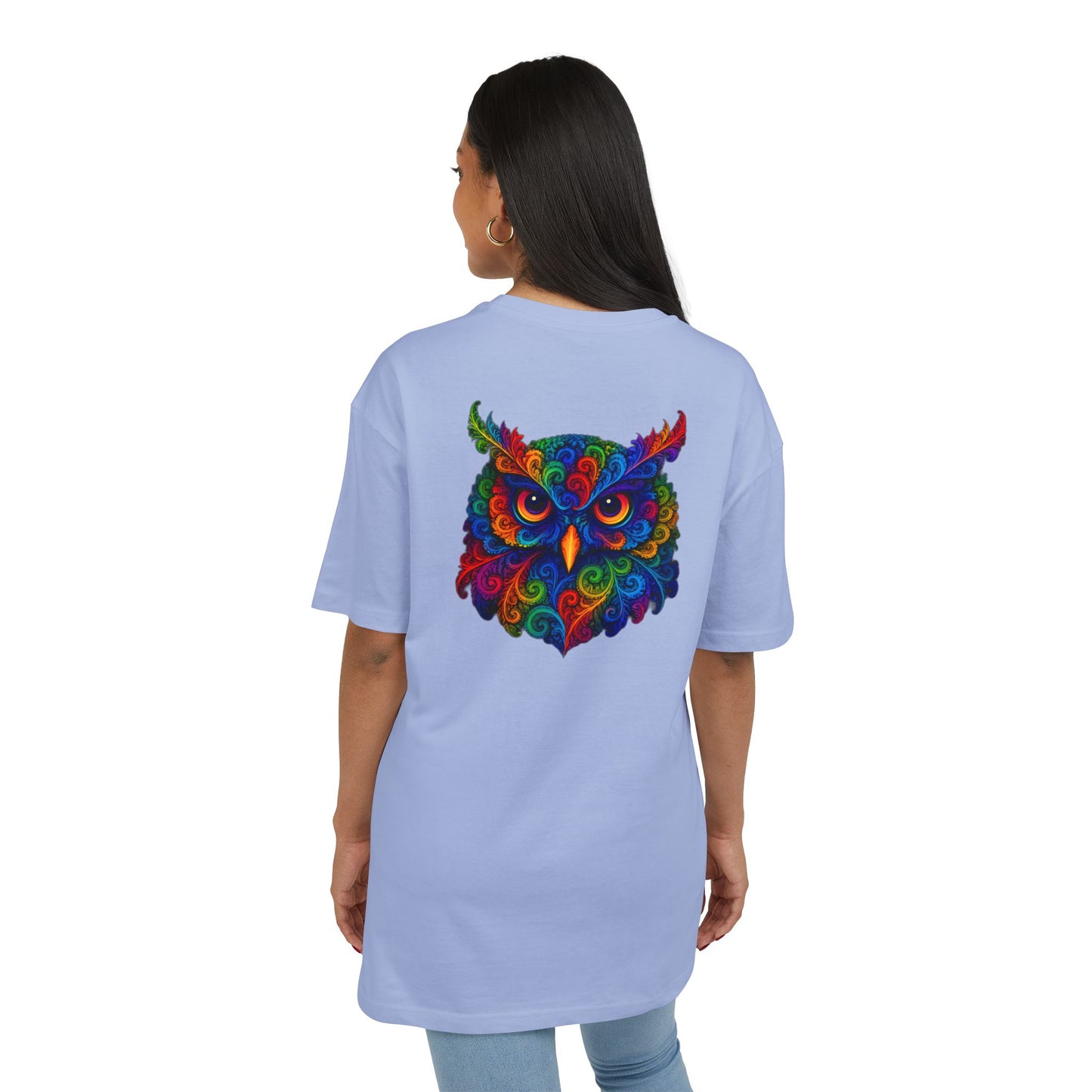 Buntes Eulen T-Shirt (Rückenprint) – Psychedelisches Tiermotiv im Boho-Stil – Unisex Shirt mit farbenfrohem, detailliertem Eulen-Design