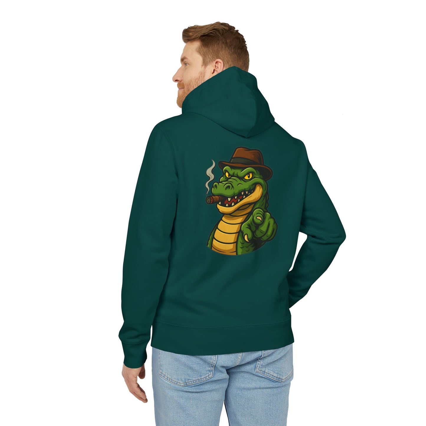 Gangster Alligator Hoodie (Rückenprint) – Cooler Unisex Kapuzenpullover mit Krokodil, Zigarre & Hut im Comic Style