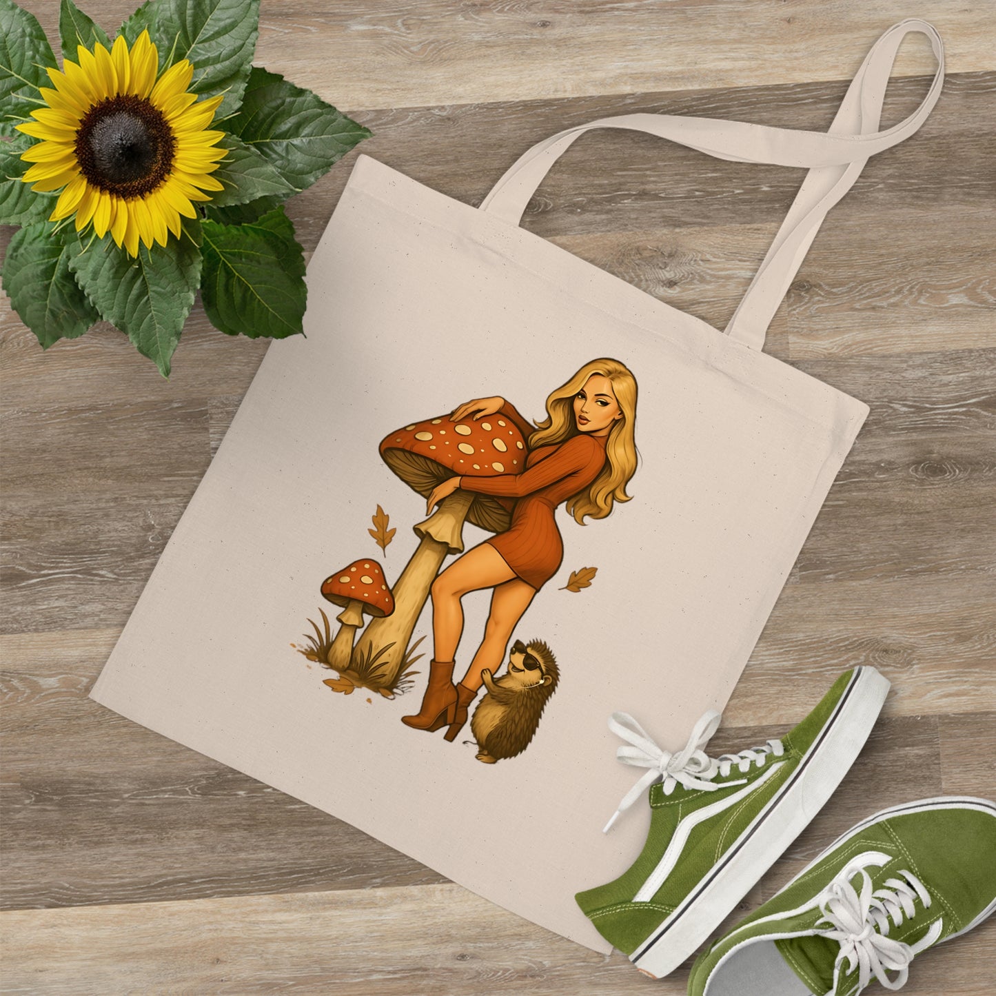 Vintage Pilz Fee & Igel Jutebeutel – Retro Waldmotiv Stofftasche für Natur- & Pilzliebhaber