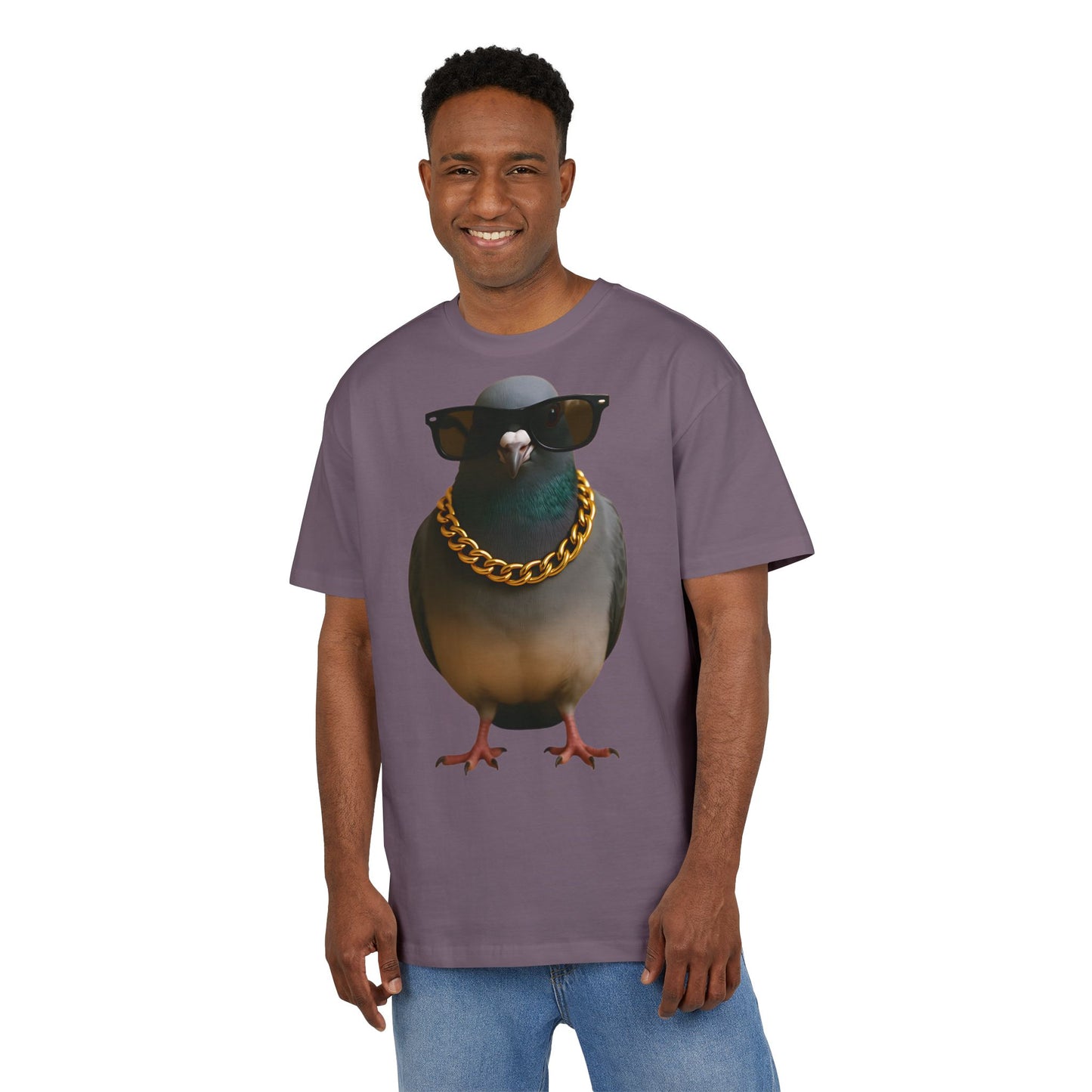Streetstyle Taube T-Shirt (Brustprint) – Cooles Pigeon Design mit Sonnenbrille & Goldkette für Urban Vibes