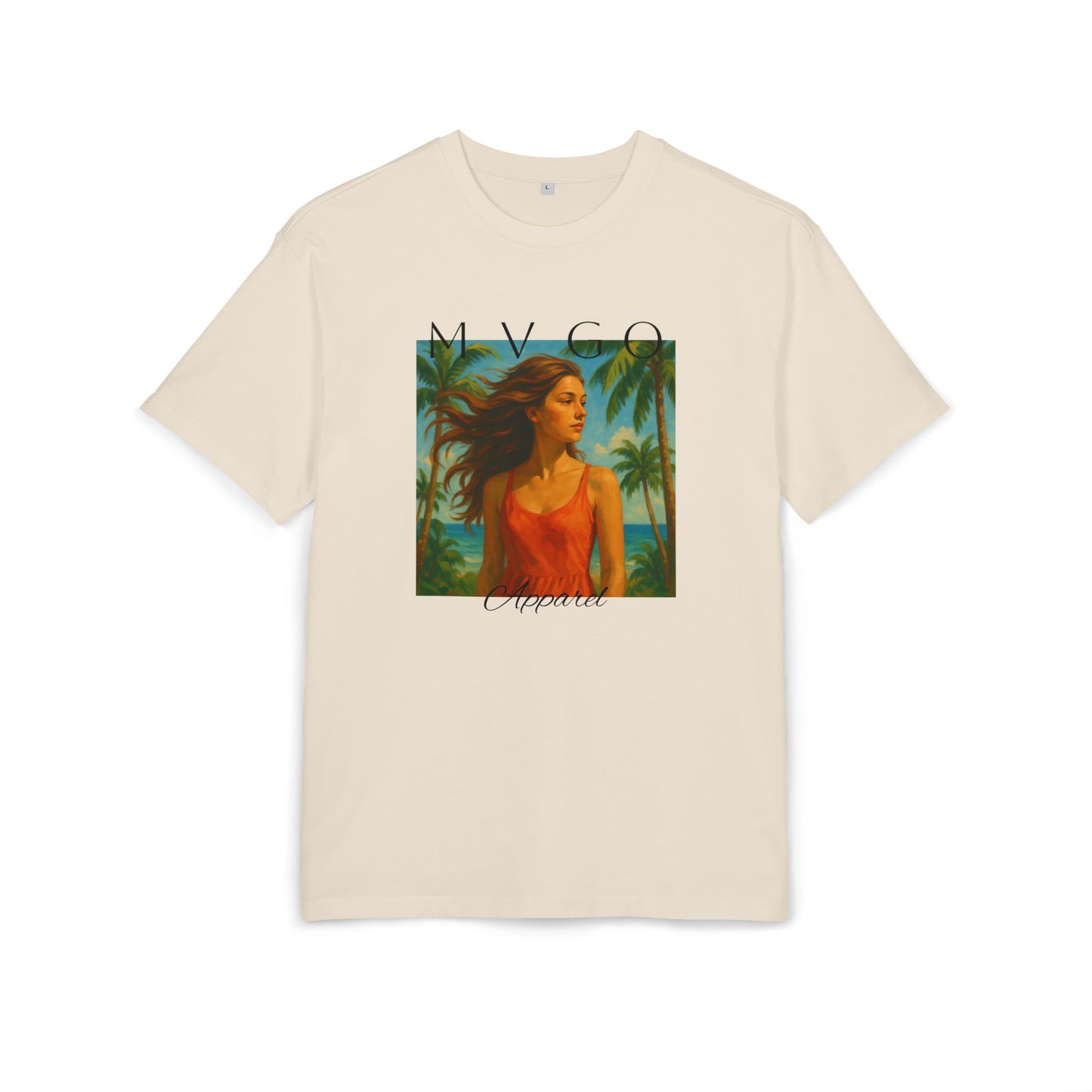 Sommer Vibes T-Shirt (Brustprint) – Künstlerisches Damenporträt mit Palmen & Meer | Unisex Shirt mit tropischem Kunstmotiv