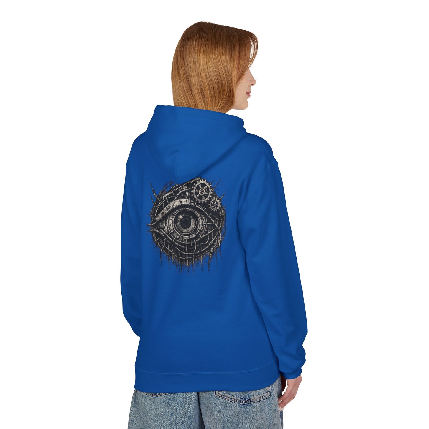 Biomechanisches Auge Hoodie Unisex – Cyberpunk Kapuzenpullover mit Zahnrädern & Kabeln | Futuristischer Techwear Look