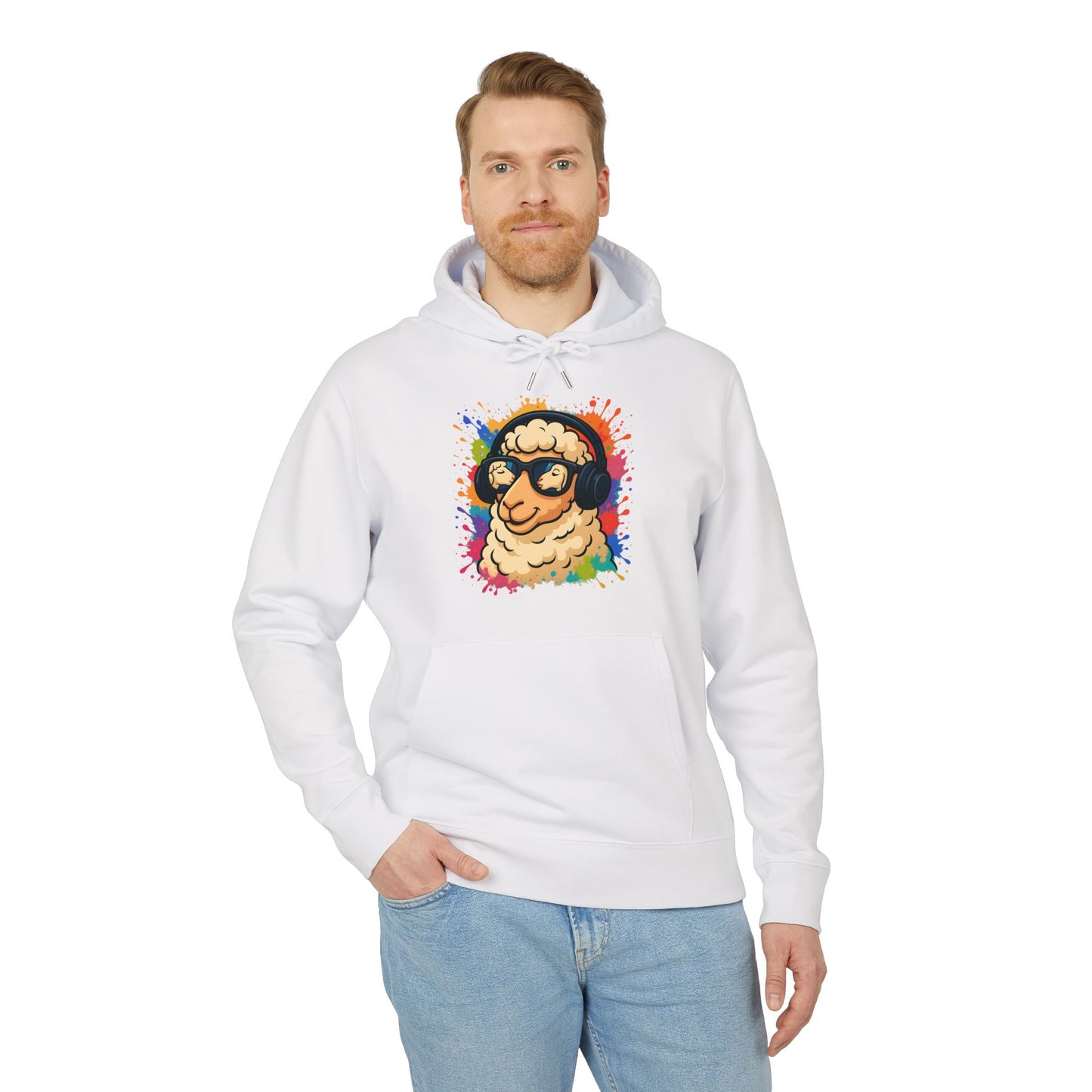 Schaf Hoodie (Brustprint) – Lustiger Unisex Kapuzenpullover mit Kopfhörer-Schaf & buntem Farbspritzer-Design