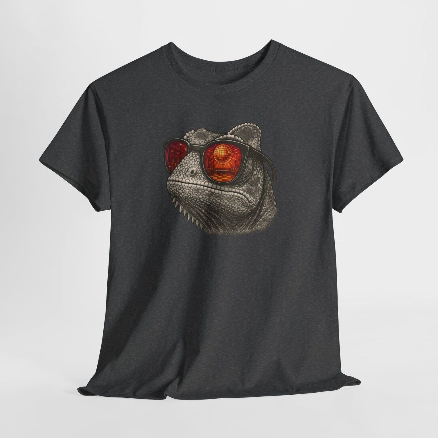 Chamäleon Disco T-Shirt (Brustprint) – Lustiges Tiermotiv mit Sonnenbrille | Retro Club Design für Tierfreunde & Festivalfans