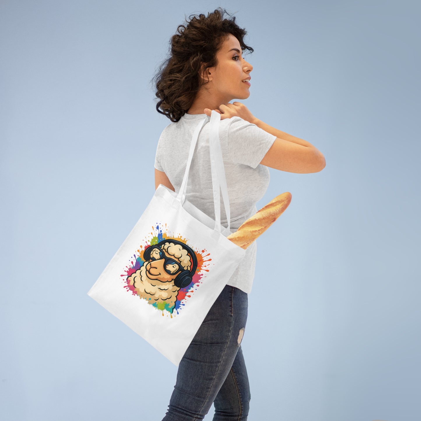 Schaf Jutebeutel – Lustiger Stoffbeutel mit Kopfhörer-Schaf & Farbspritzer-Design | Nachhaltige Tasche für Alltag & Festival
