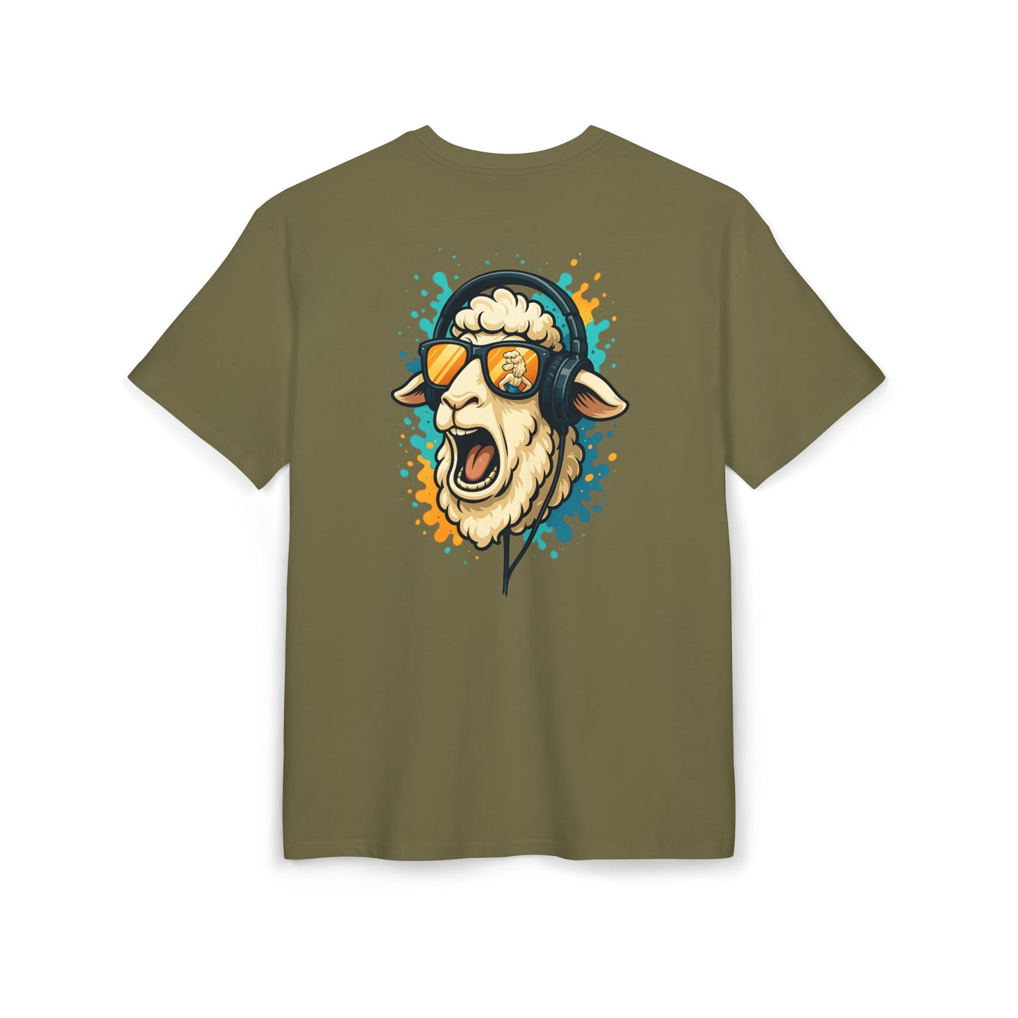 Lustiges Schaf T-Shirt (Rückenprint) – Cooles Cartoon-Motiv mit Kopfhörer & Sonnenbrille – Unisex Shirt für Musikfans & Tierliebhaber