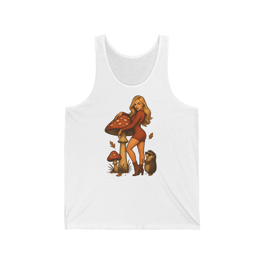 Vintage Pilzmädchen Damen Tanktop (Brustprint) – Retro Fliegenpilz Design mit Igel & Herbstblättern