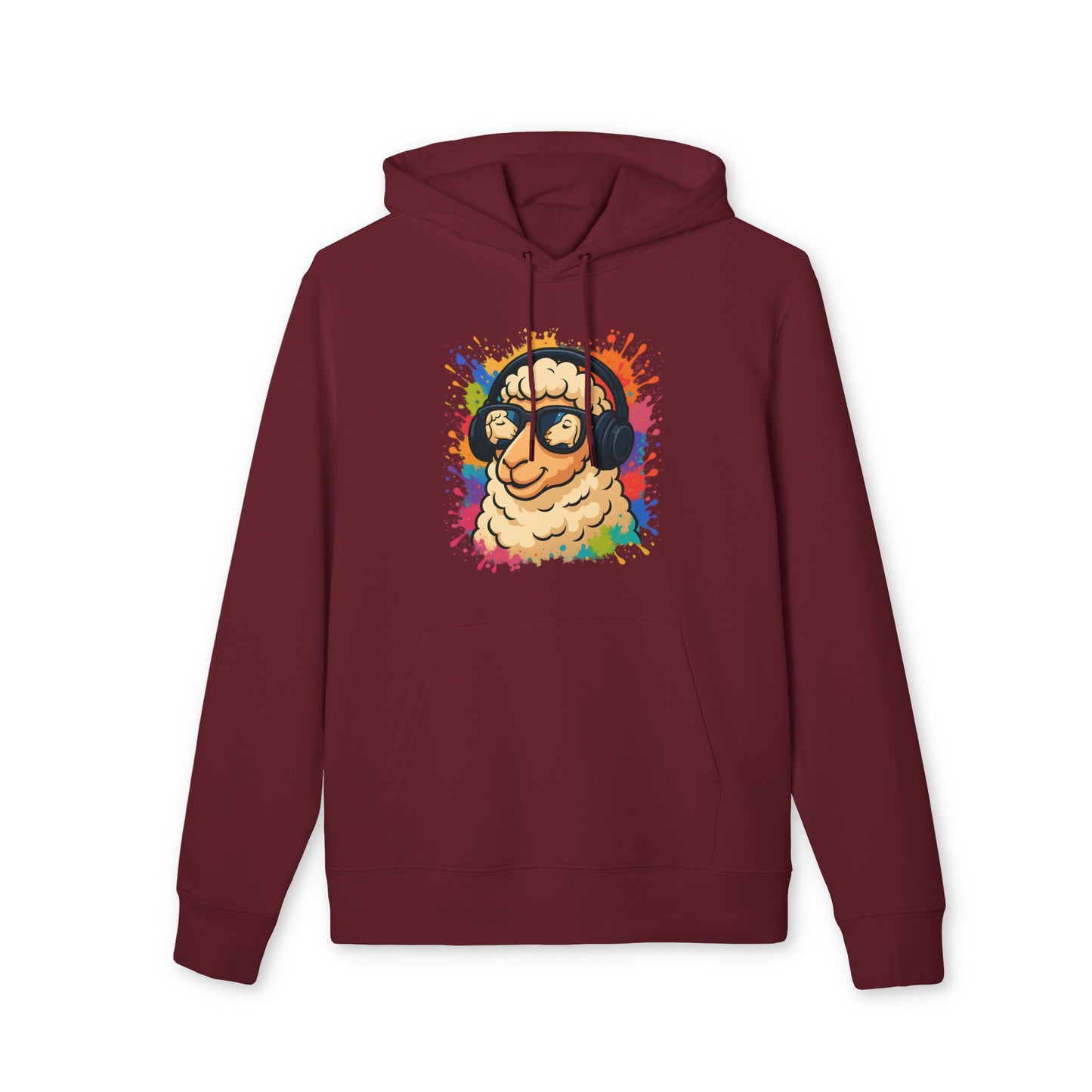 Schaf Hoodie (Brustprint) – Lustiger Unisex Kapuzenpullover mit Kopfhörer-Schaf & buntem Farbspritzer-Design