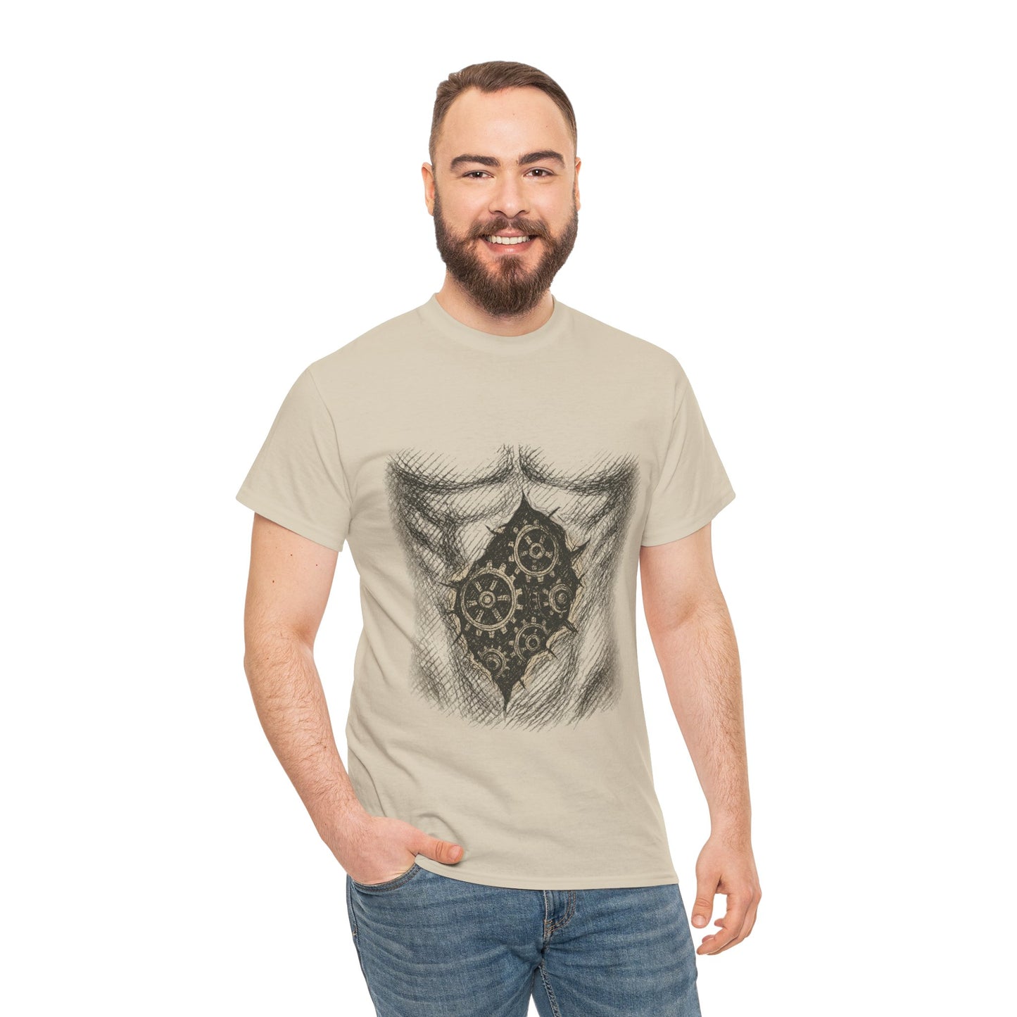 Biomechanik T-Shirt Unisex (Brustprint) – Realistisches Zahnräder-in-der-Haut Design | Steampunk & Cyborg Look für Technikfans