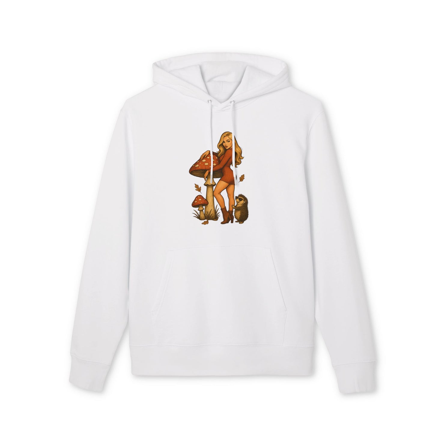 Vintage Pilz Fee & Igel Hoodie (Brustprint) – Retro Waldmotiv Kapuzenpullover für Natur- & Pilzliebhaber
