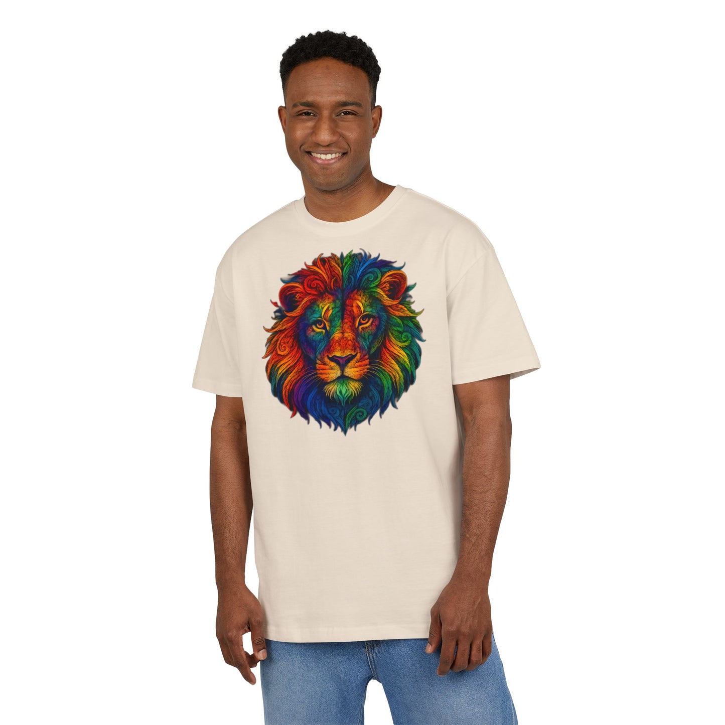 Buntes Löwen T-Shirt (Brustprint) – Psychedelisches Tiermotiv im Boho-Stil – Unisex Oversize Shirt für Kunst-, Natur- & Festival-Fans