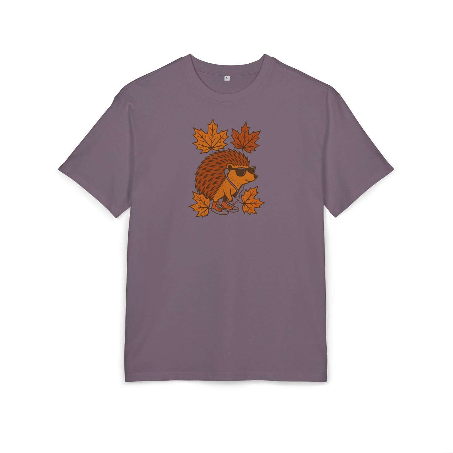 Herbst Igel T-Shirt (Brustprint) – Lustiges Cartoon Design mit Sonnenbrille, Kopfhörern & Ahornblättern