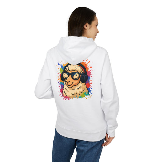 Schaf Hoodie (Rückenprint) – Lustiger Unisex Kapuzenpullover mit Kopfhörer-Schaf & buntem Farbspritzer-Design
