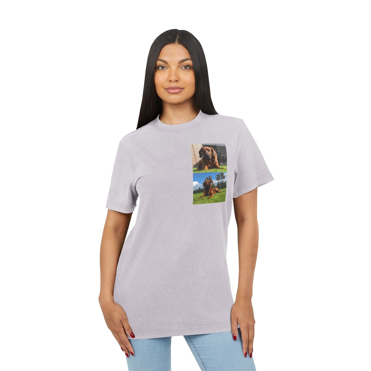 Dog print Vintage Style Acid Washed Round Neck Tee - Eco-Friendly T-Shirt, Everyday