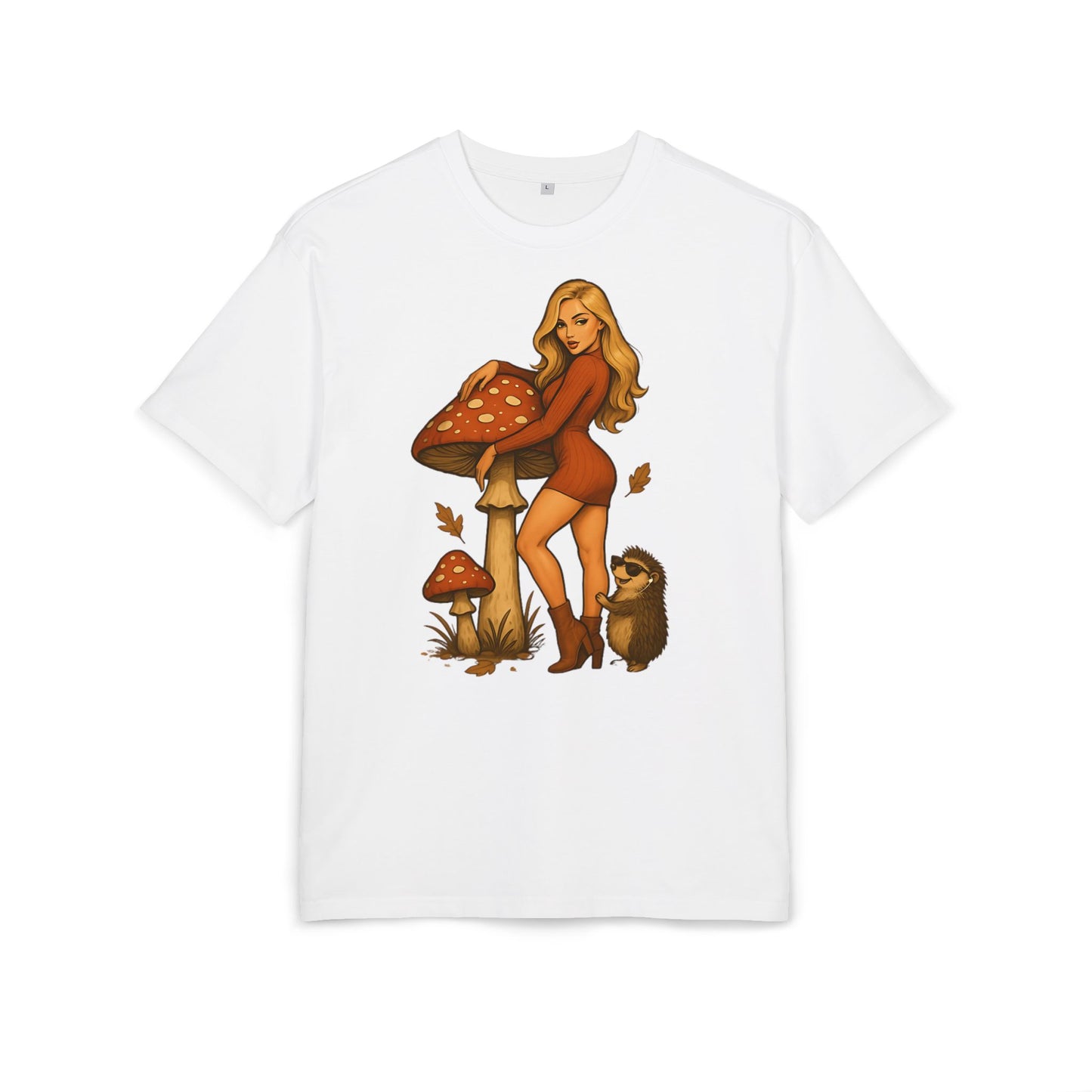 Vintage Pilz Fee & Igel Cartoon (Brustprint) – Retro Waldmotiv T-Shirt für Natur- & Pilzliebhaber